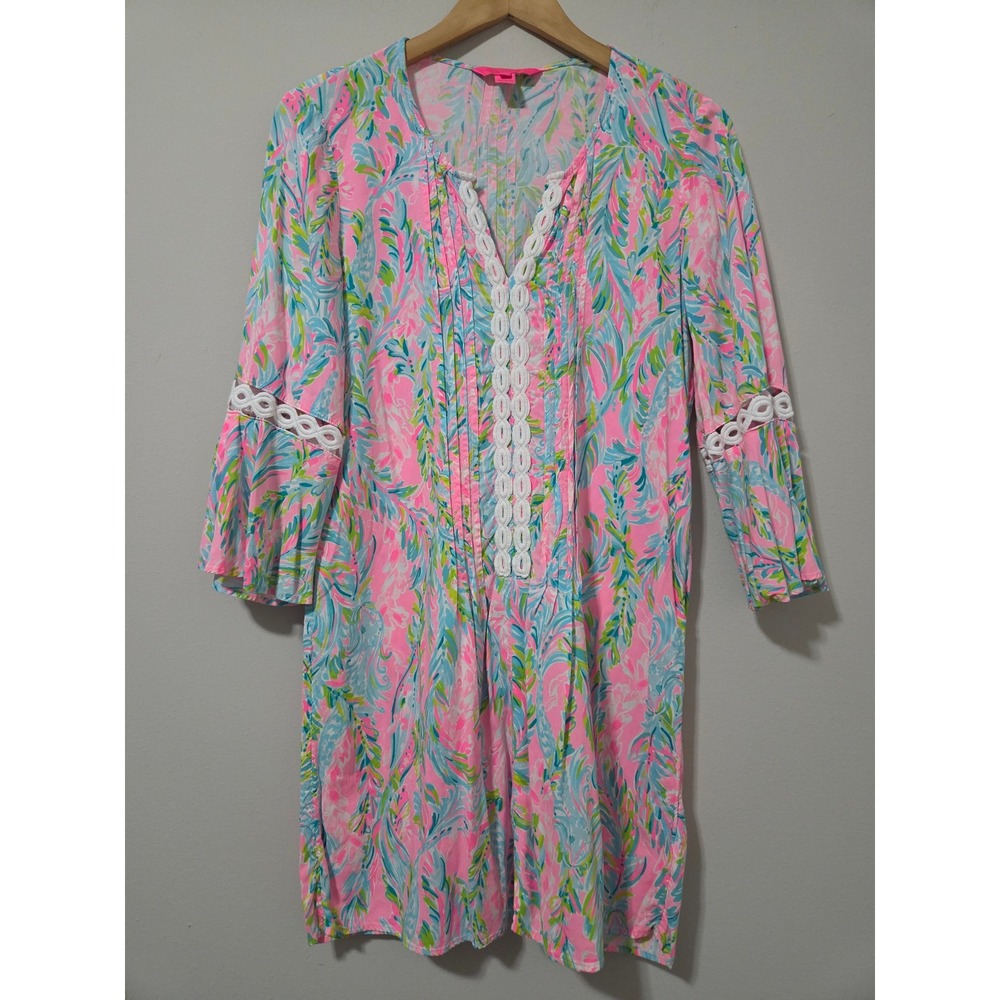 Lilly‎ Pulitzer Pink Blue Floral Rayon Dress Crochet Trim Bell Sleeve Small